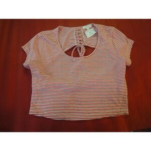 Juniors MINE  L shirt crop top NWT orange white stripe open back tie accent